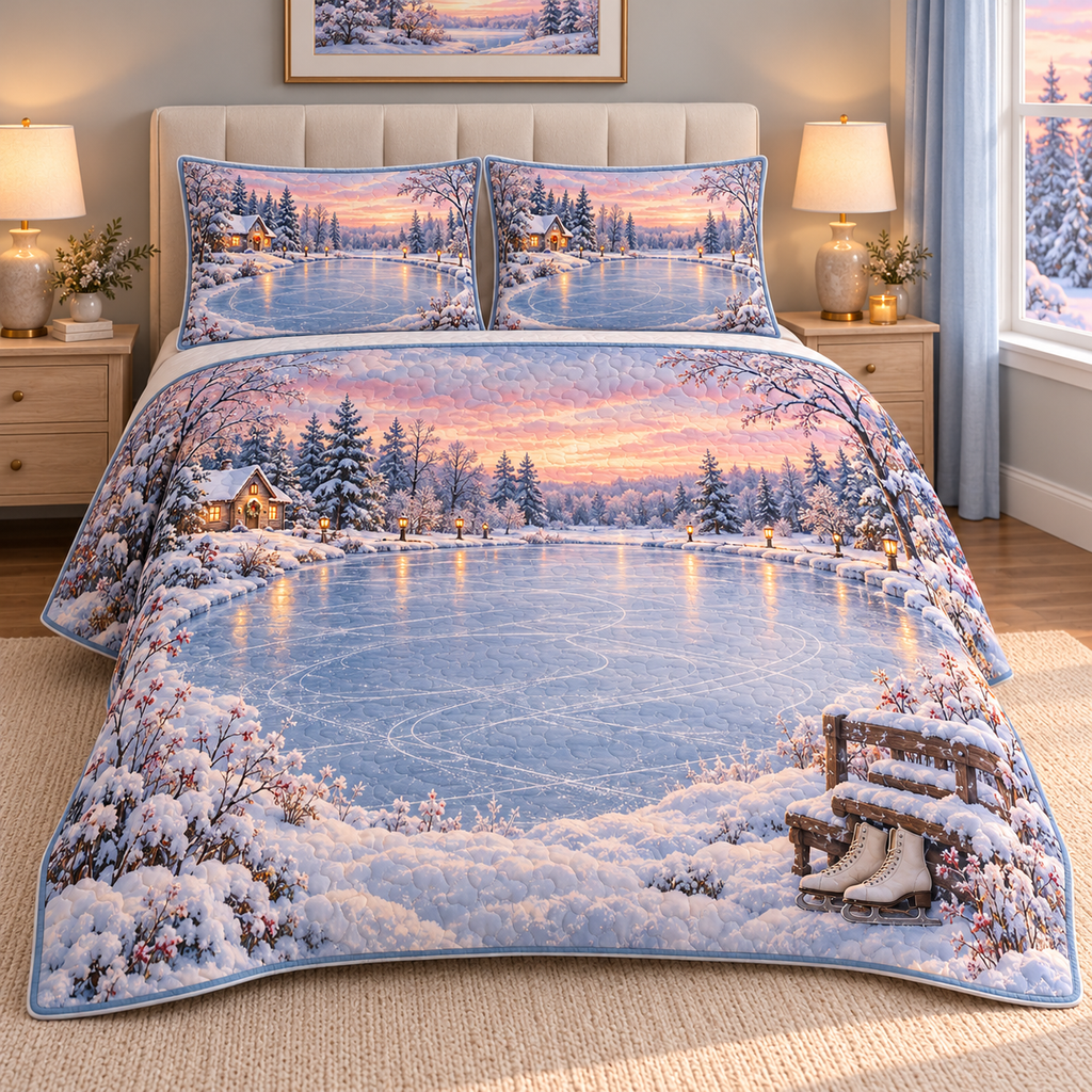 Christmas Frozen Pond First Light thin printed quilt with two matching pillow shams; complete-product design mockup with flat printed visual depth.