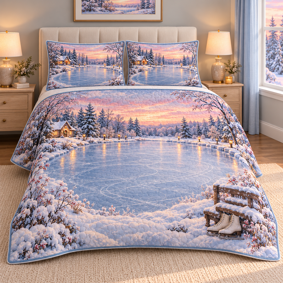 Christmas Frozen Pond First Light thin printed quilt with two matching pillow shams; complete-product design mockup with flat printed visual depth.