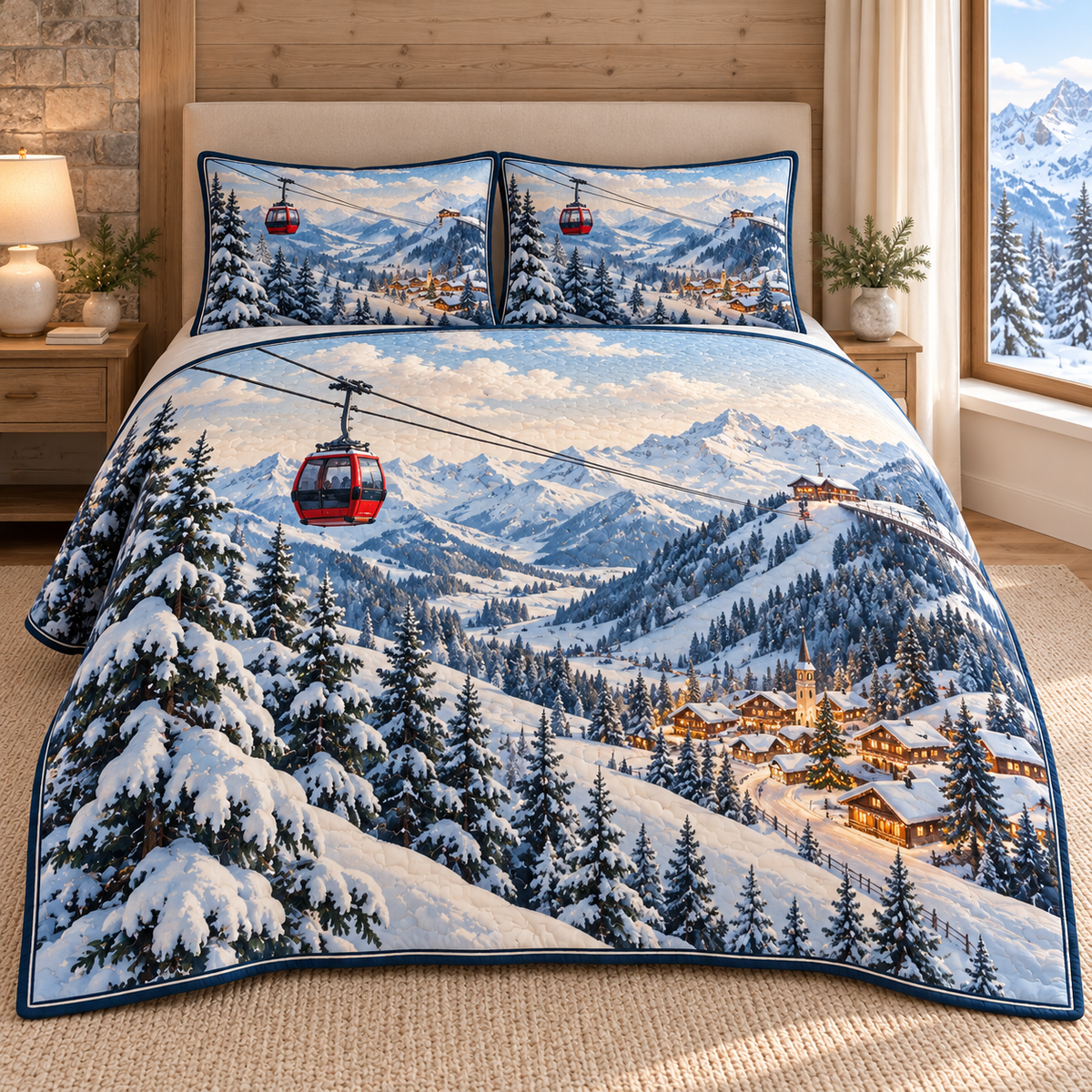 Christmas Cable Car Valley Journey thin printed quilt with two matching pillow shams; complete-product design mockup with flat printed visual depth.
