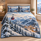 Christmas Cable Car Valley Journey thin printed quilt with two matching pillow shams; complete-product design mockup with flat printed visual depth.