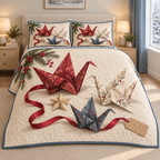 Christmas Paper Crane Wishes thin printed quilt with two matching pillow shams; complete-product design mockup with flat printed visual depth.