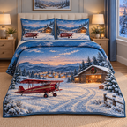 Christmas Winter Airfield Homecoming thin printed quilt with two matching pillow shams; complete-product design mockup with flat printed visual depth.