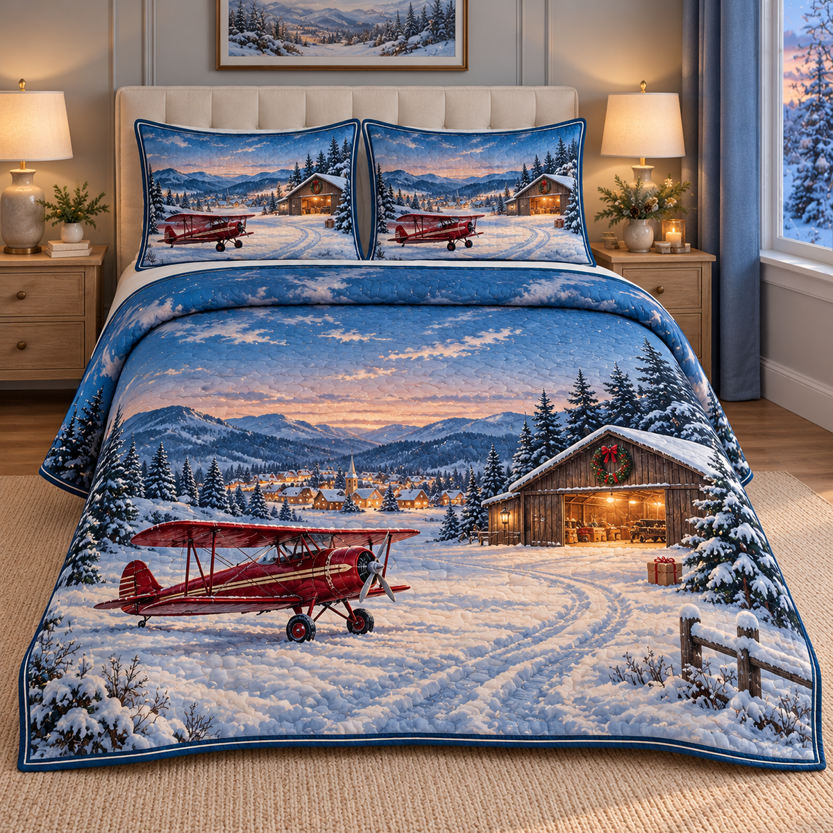Christmas Winter Airfield Homecoming thin printed quilt with two matching pillow shams; complete-product design mockup with flat printed visual depth.