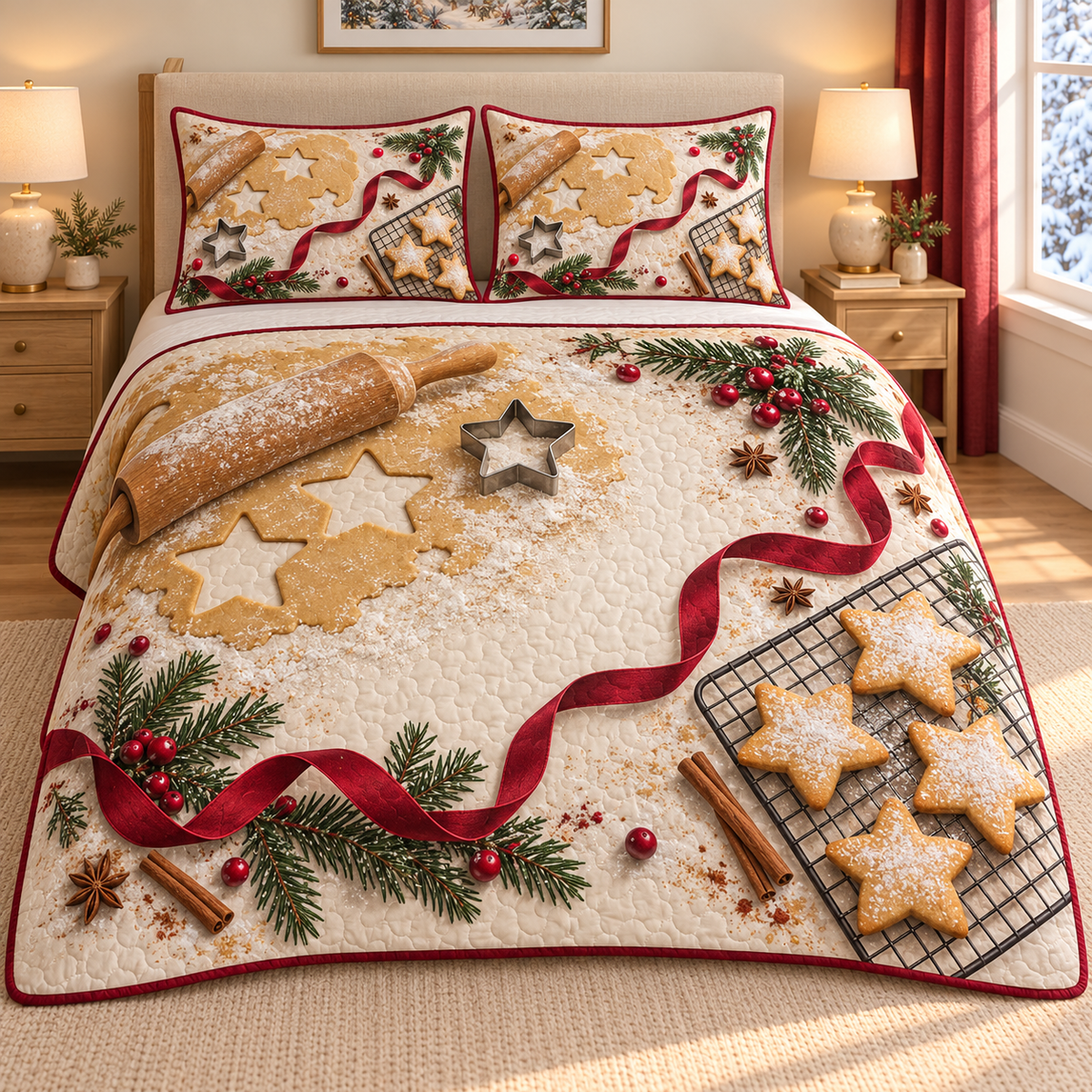 Christmas Star Cookie Workshop thin printed quilt with two matching pillow shams; complete-product design mockup with flat printed visual depth.