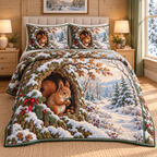 Christmas Squirrel Winter Pantry thin printed quilt with two matching pillow shams; complete-product design mockup with flat printed visual depth.