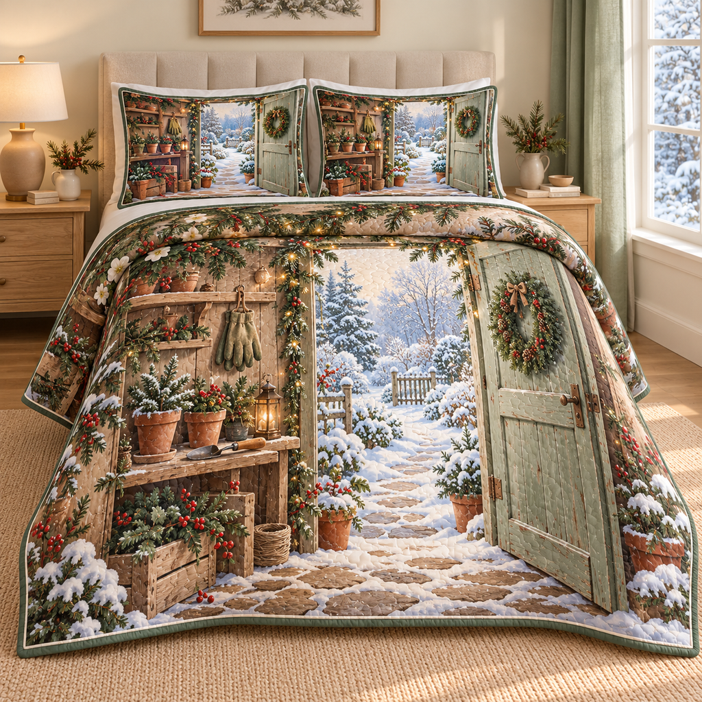 Christmas Potting Shed Winter Pause thin printed quilt with two matching pillow shams; complete-product design mockup with flat printed visual depth.