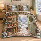 Christmas Potting Shed Winter Pause thin printed quilt with two matching pillow shams; complete-product design mockup with flat printed visual depth.