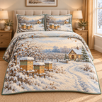 Christmas Snowy Apiary Cottage thin printed quilt with two matching pillow shams; complete-product design mockup with flat printed visual depth.