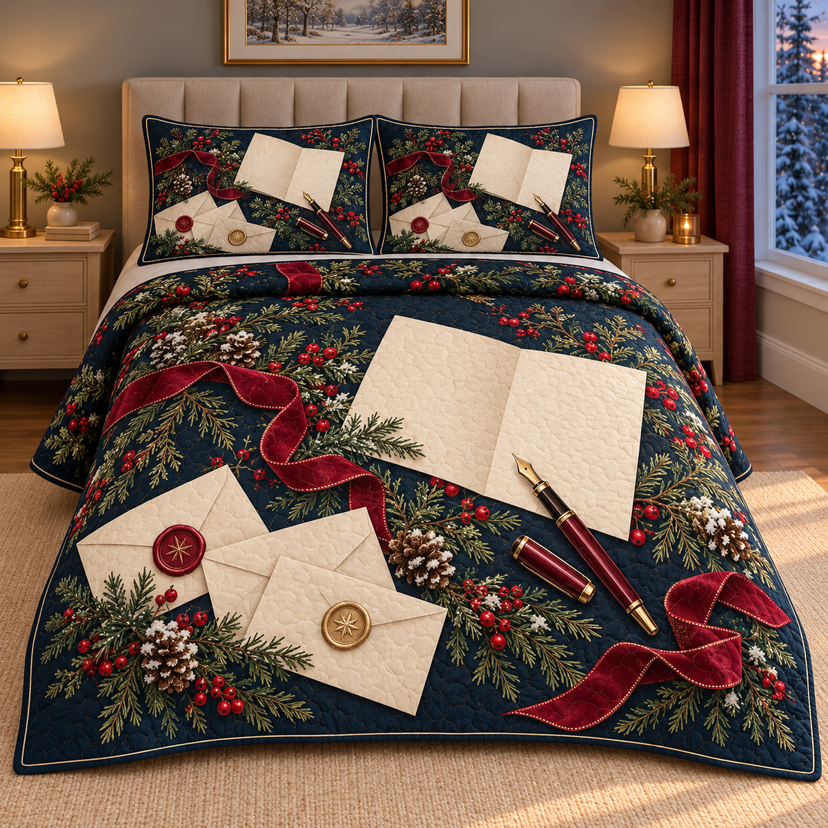 Christmas Keepsake Letter Writing thin printed quilt with two matching pillow shams; complete-product design mockup with flat printed visual depth.