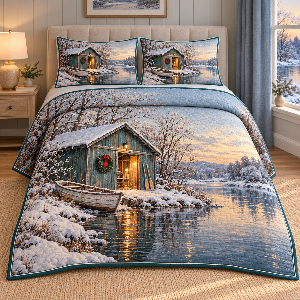 Christmas Rowers Boathouse Pause thin printed quilt with two matching pillow shams; complete-product design mockup with flat printed visual depth.
