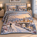 Christmas Camera Winter Walk thin printed quilt with two matching pillow shams; complete-product design mockup with flat printed visual depth.