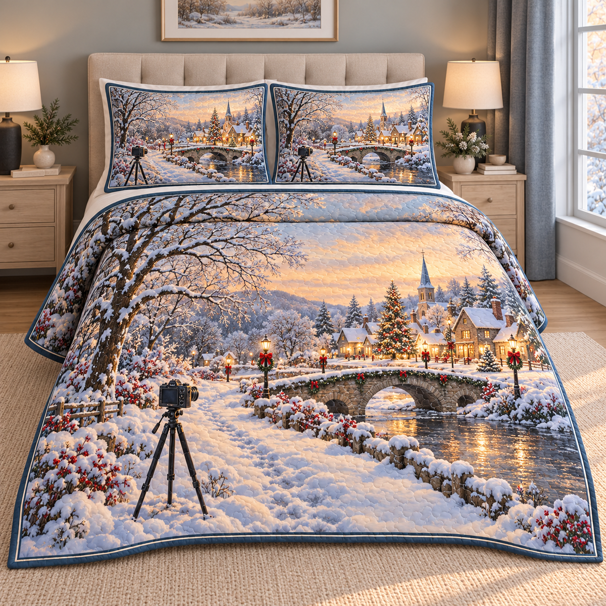 Christmas Camera Winter Walk thin printed quilt with two matching pillow shams; complete-product design mockup with flat printed visual depth.