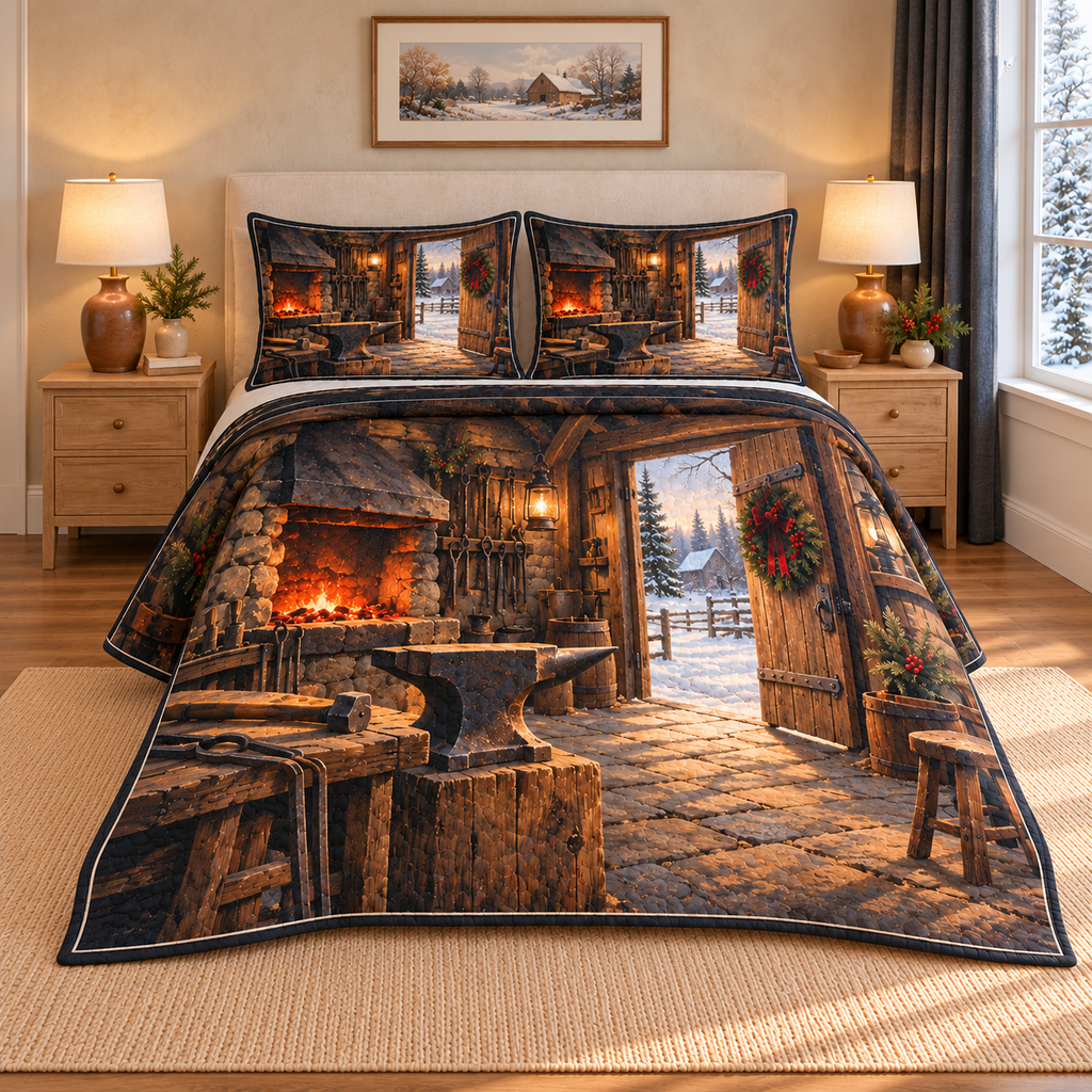 Christmas Blacksmith Workshop Rest thin printed quilt with two matching pillow shams; complete-product design mockup with flat printed visual depth.