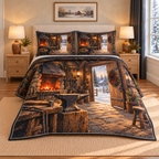 Christmas Blacksmith Workshop Rest thin printed quilt with two matching pillow shams; complete-product design mockup with flat printed visual depth.