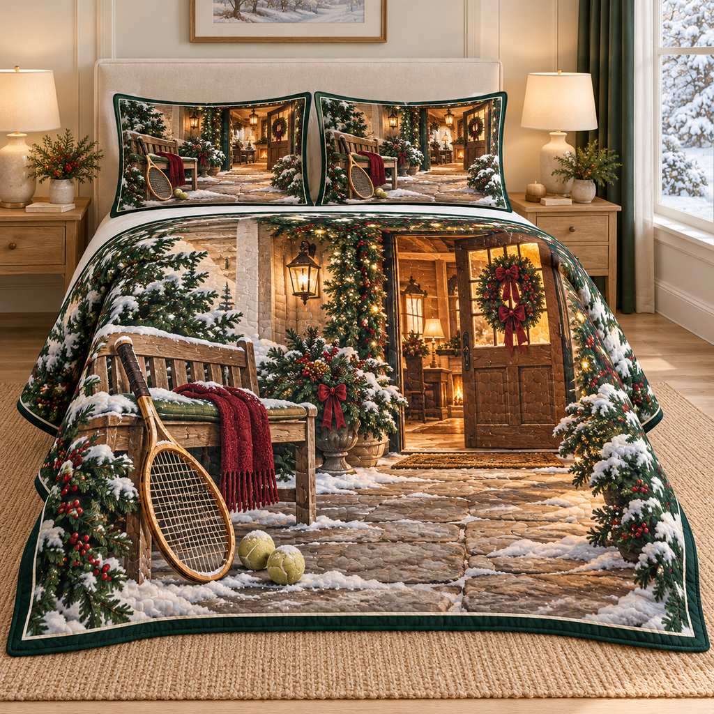Christmas Tennis Club Winter Welcome thin printed quilt with two matching pillow shams; complete-product design mockup with flat printed visual depth.