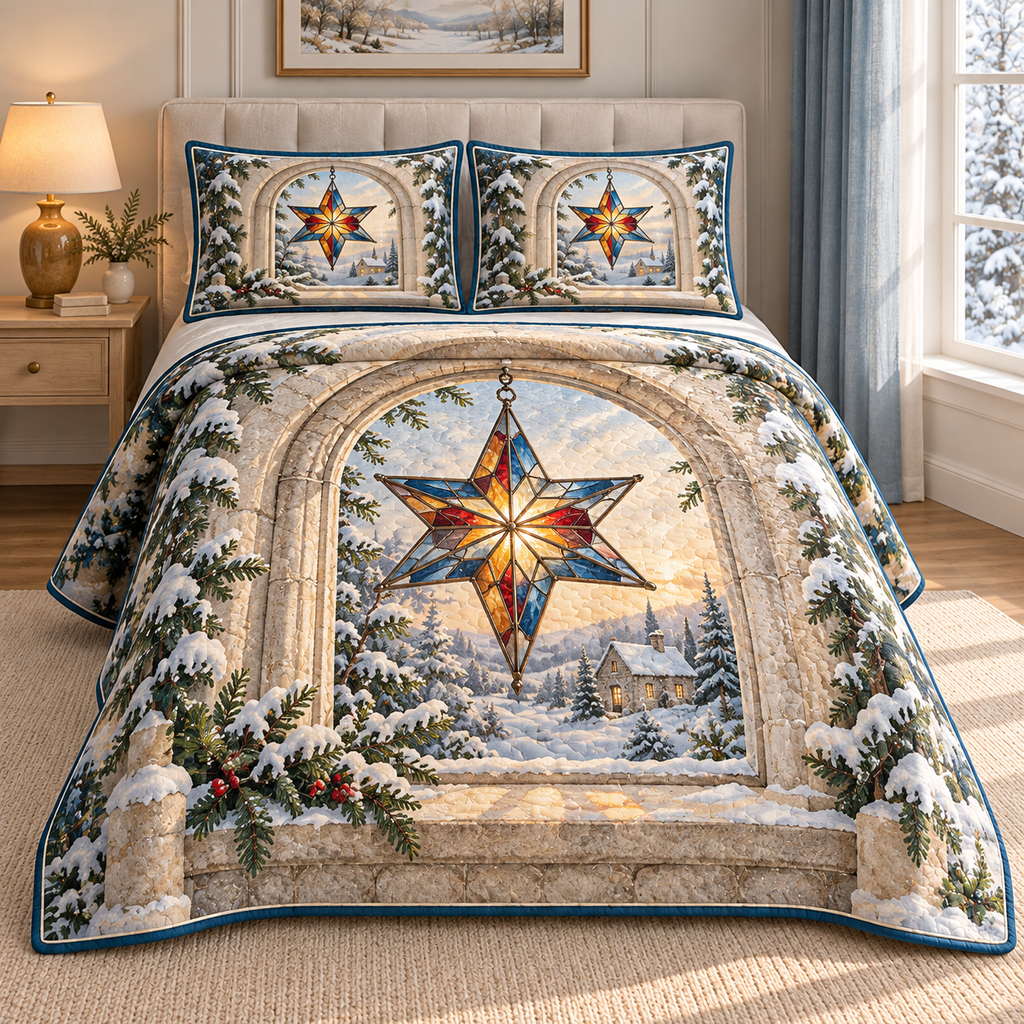 Christmas Stained Glass Star Glow thin printed quilt with two matching pillow shams; complete-product design mockup with flat printed visual depth.