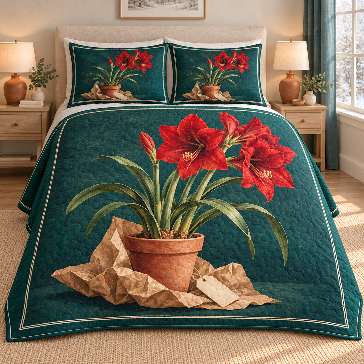 Christmas Amaryllis Winter Unwrapping thin printed quilt with two matching pillow shams; complete-product design mockup with flat printed visual depth.