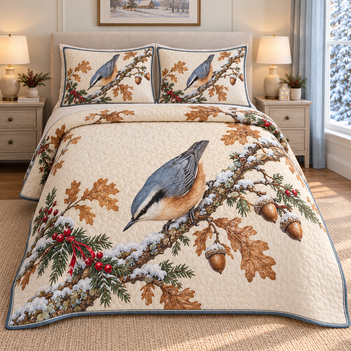 Christmas Nuthatch Winter Climb thin printed quilt with two matching pillow shams; complete-product design mockup with flat printed visual depth.