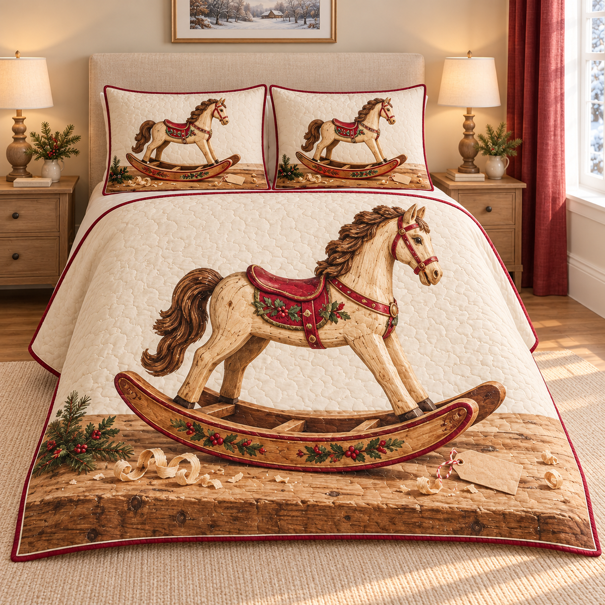 Christmas Toymaker Finishing Touch thin printed quilt with two matching pillow shams; complete-product design mockup with flat printed visual depth.