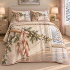 Christmas Ballet Studio Winter Pause thin printed quilt with two matching pillow shams; complete-product design mockup with flat printed visual depth.