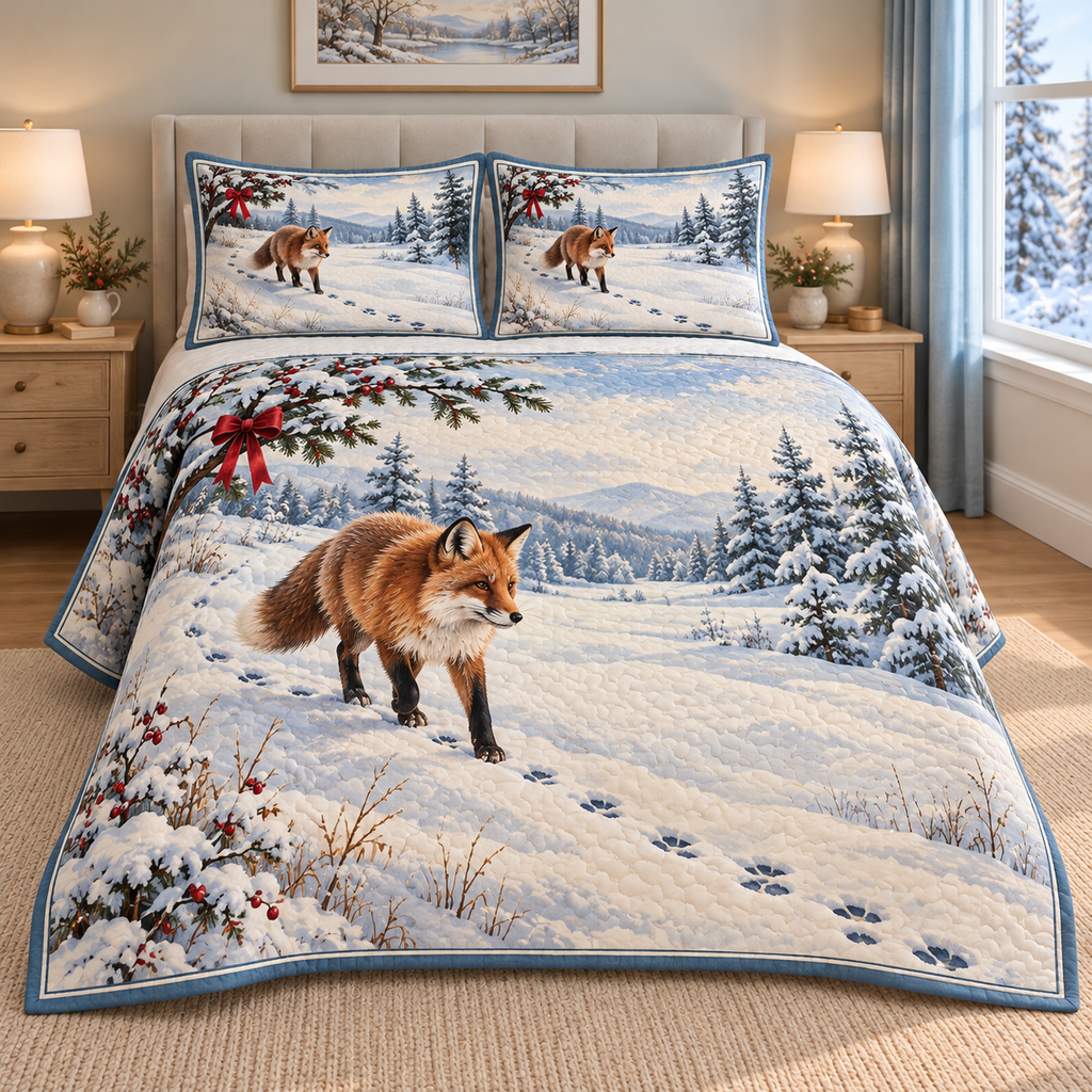 Christmas Fox First Footprints thin printed quilt with two matching pillow shams; complete-product design mockup with flat printed visual depth.
