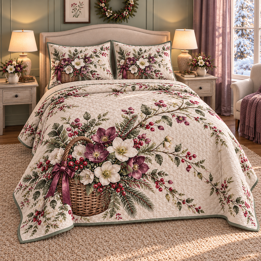 Christmas Hellebore Winter Gathering thin printed quilt with two matching pillow shams; complete-product design mockup with flat printed visual depth.