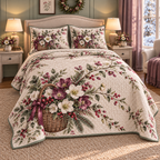 Christmas Hellebore Winter Gathering thin printed quilt with two matching pillow shams; complete-product design mockup with flat printed visual depth.