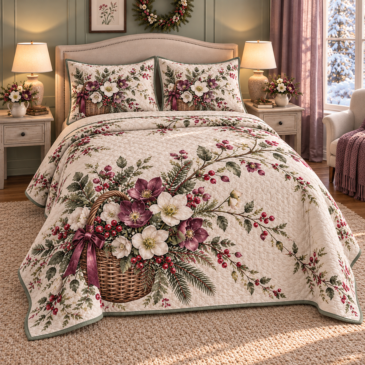 Christmas Hellebore Winter Gathering thin printed quilt with two matching pillow shams; complete-product design mockup with flat printed visual depth.