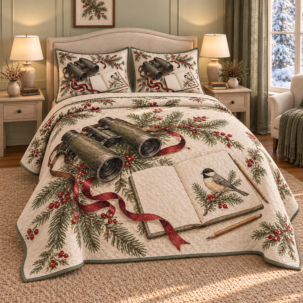 Christmas Birdwatchers Winter Journal thin printed quilt with two matching pillow shams; complete-product design mockup with flat printed visual depth.