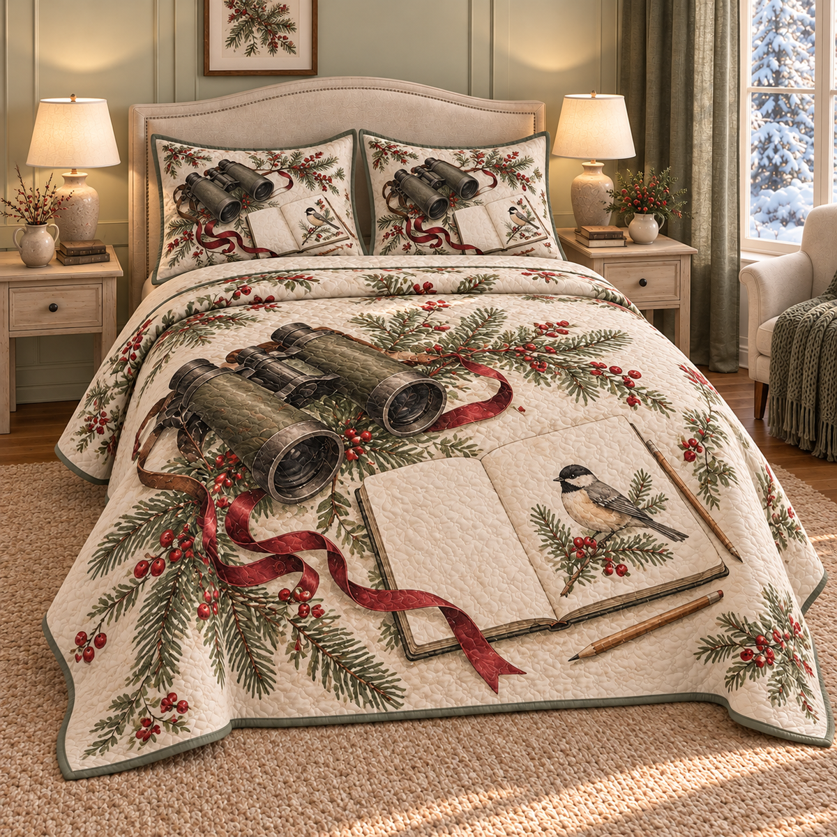 Christmas Birdwatchers Winter Journal thin printed quilt with two matching pillow shams; complete-product design mockup with flat printed visual depth.