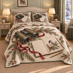 Christmas Birdwatchers Winter Journal thin printed quilt with two matching pillow shams; complete-product design mockup with flat printed visual depth.