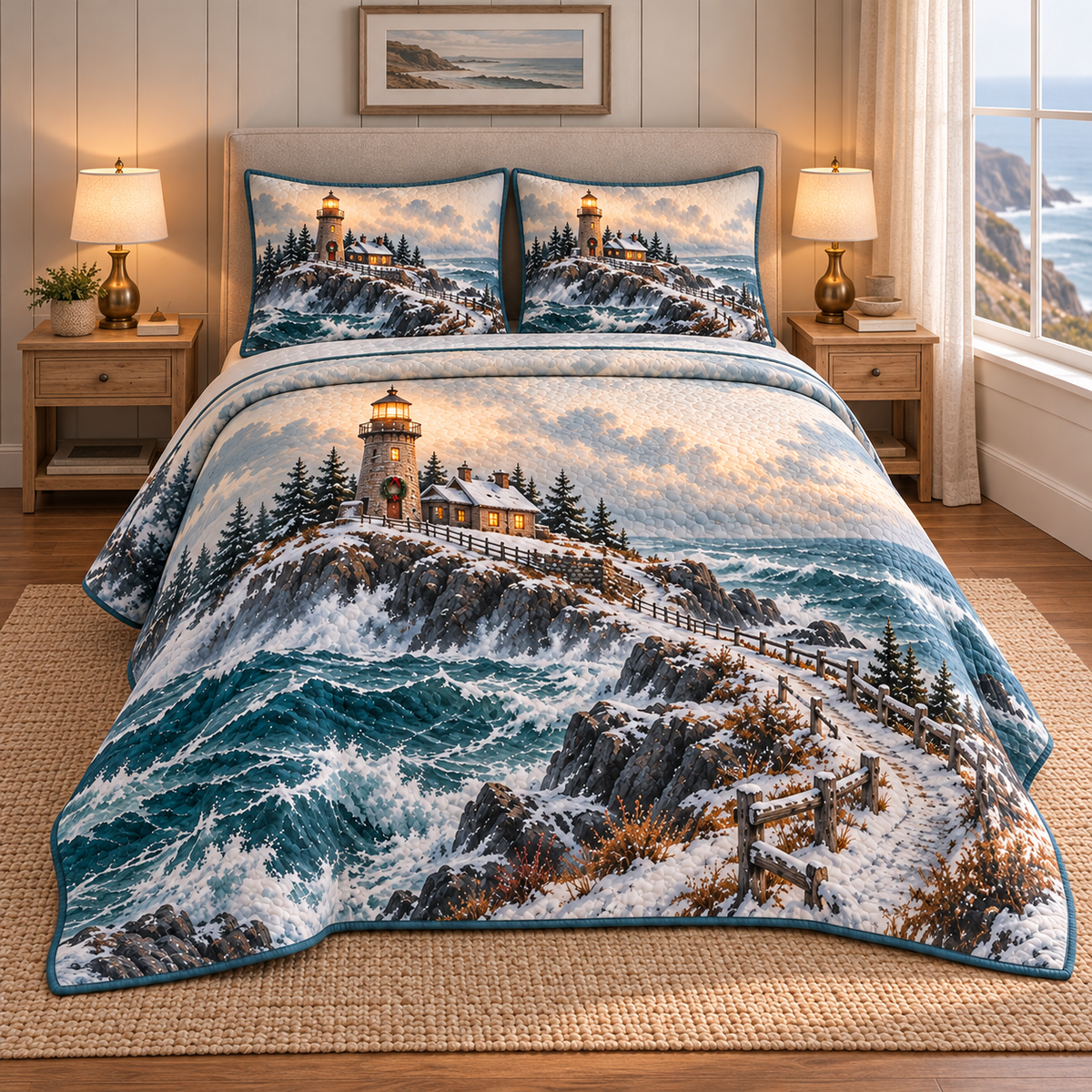 Christmas Lighthouse Stormlight thin printed quilt with two matching pillow shams; complete-product design mockup with flat printed visual depth.
