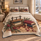Christmas Bookbinders Keepsake thin printed quilt with two matching pillow shams; complete-product design mockup with flat printed visual depth.