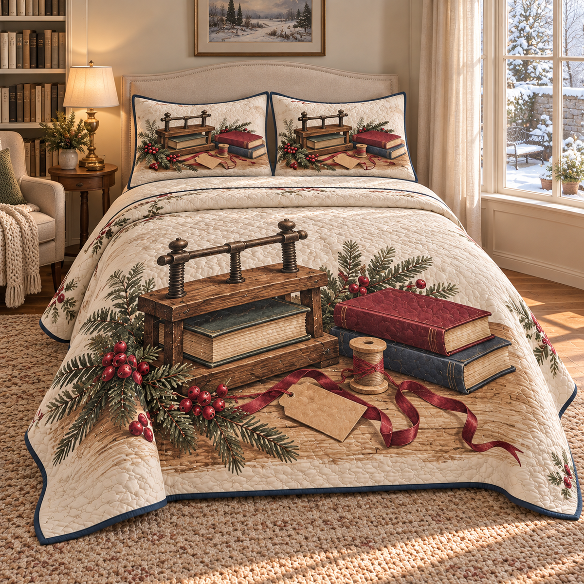 Christmas Bookbinders Keepsake thin printed quilt with two matching pillow shams; complete-product design mockup with flat printed visual depth.