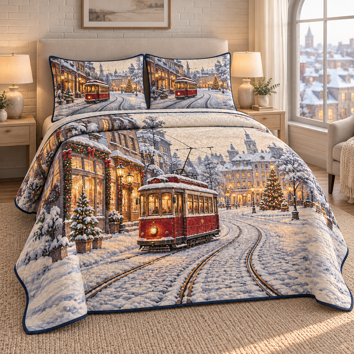 Christmas Winter Tram Homecoming thin printed quilt with two matching pillow shams; complete-product design mockup with flat printed visual depth.