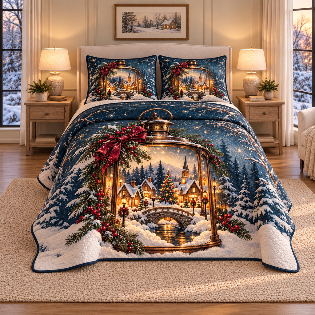 Christmas Lantern Village Glow thin printed quilt with two matching pillow shams; complete-product design mockup with flat printed visual depth.