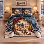 Christmas Lantern Village Glow thin printed quilt with two matching pillow shams; complete-product design mockup with flat printed visual depth.