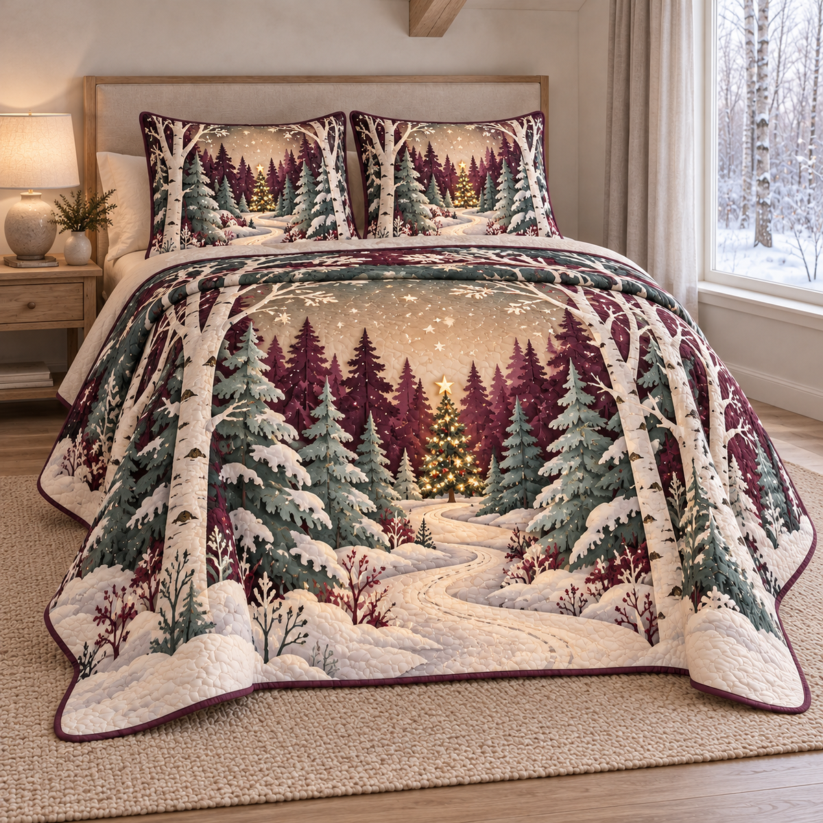 Christmas Paper Forest Starlight thin printed quilt with two matching pillow shams; complete-product design mockup with flat printed visual depth.