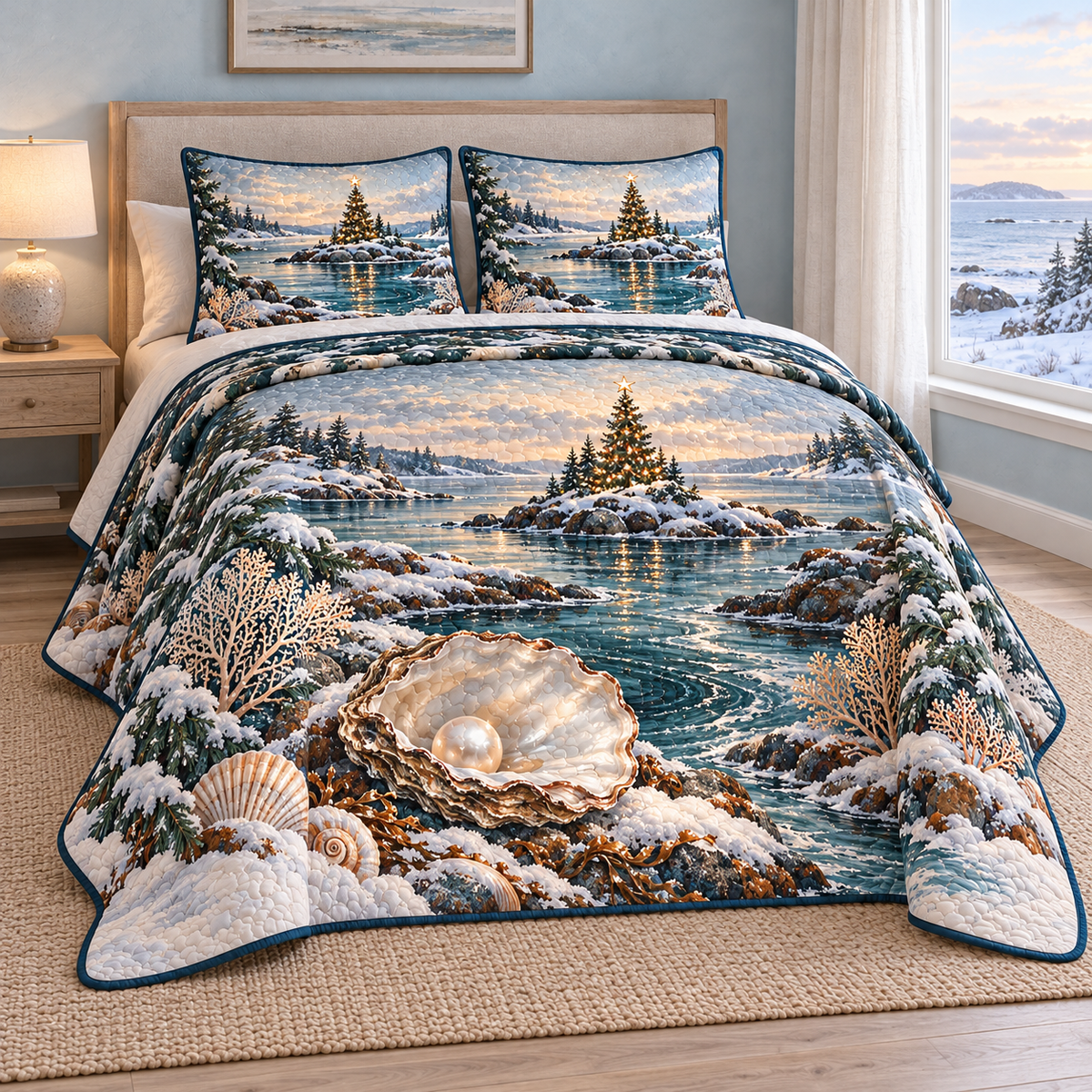 Christmas Pearl Tidepool Tree thin printed quilt with two matching pillow shams; complete-product design mockup with flat printed visual depth.