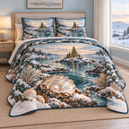 Christmas Pearl Tidepool Tree thin printed quilt with two matching pillow shams; complete-product design mockup with flat printed visual depth.
