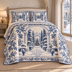 Christmas Delft Winter Courtyard thin printed quilt with two matching pillow shams; complete-product design mockup with flat printed visual depth.