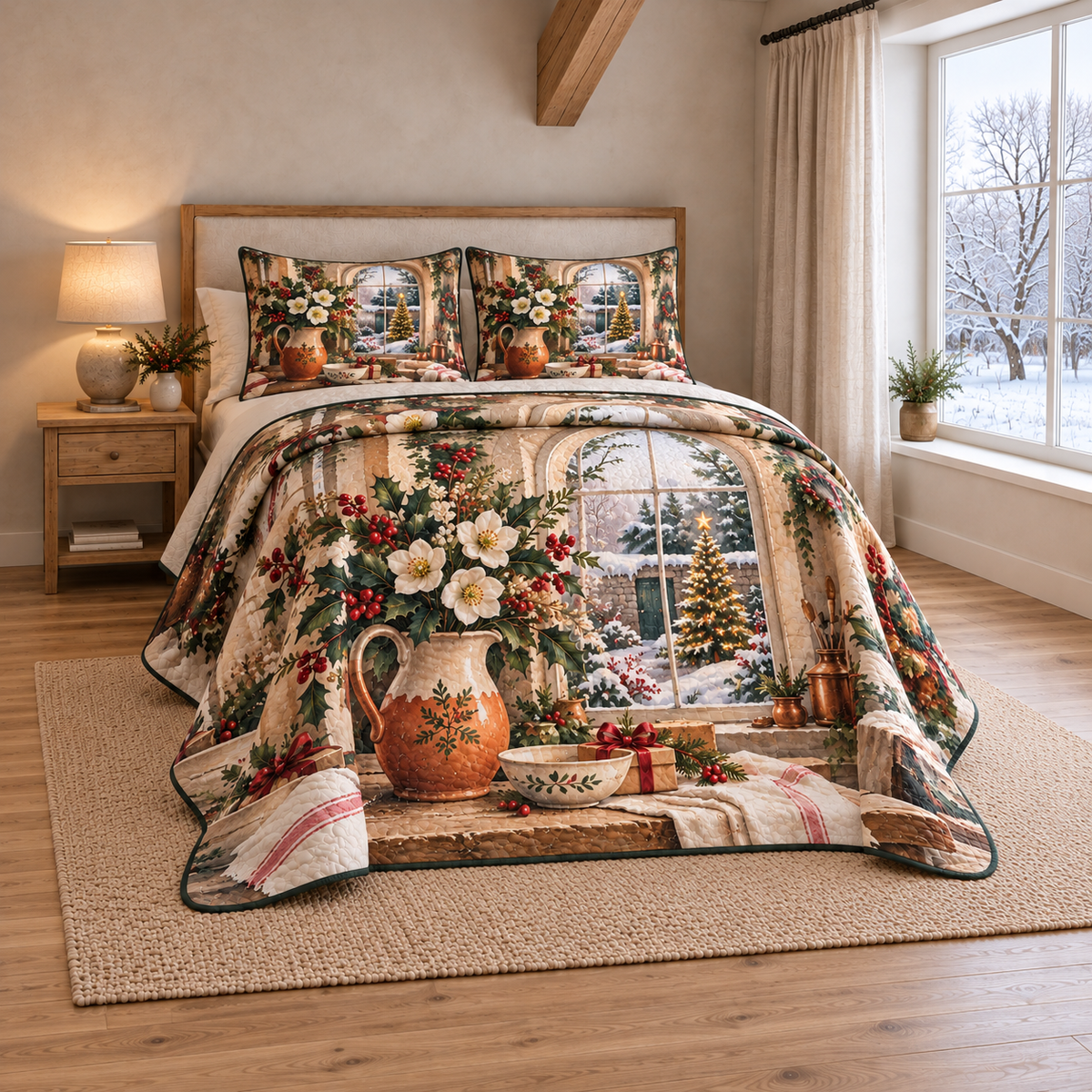 Christmas Potters Winter Window thin printed quilt with two matching pillow shams; complete-product design mockup with flat printed visual depth.