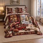 Christmas Chocolatiers Winter Patisserie thin printed quilt with two matching pillow shams; complete-product design mockup with flat printed visual depth.