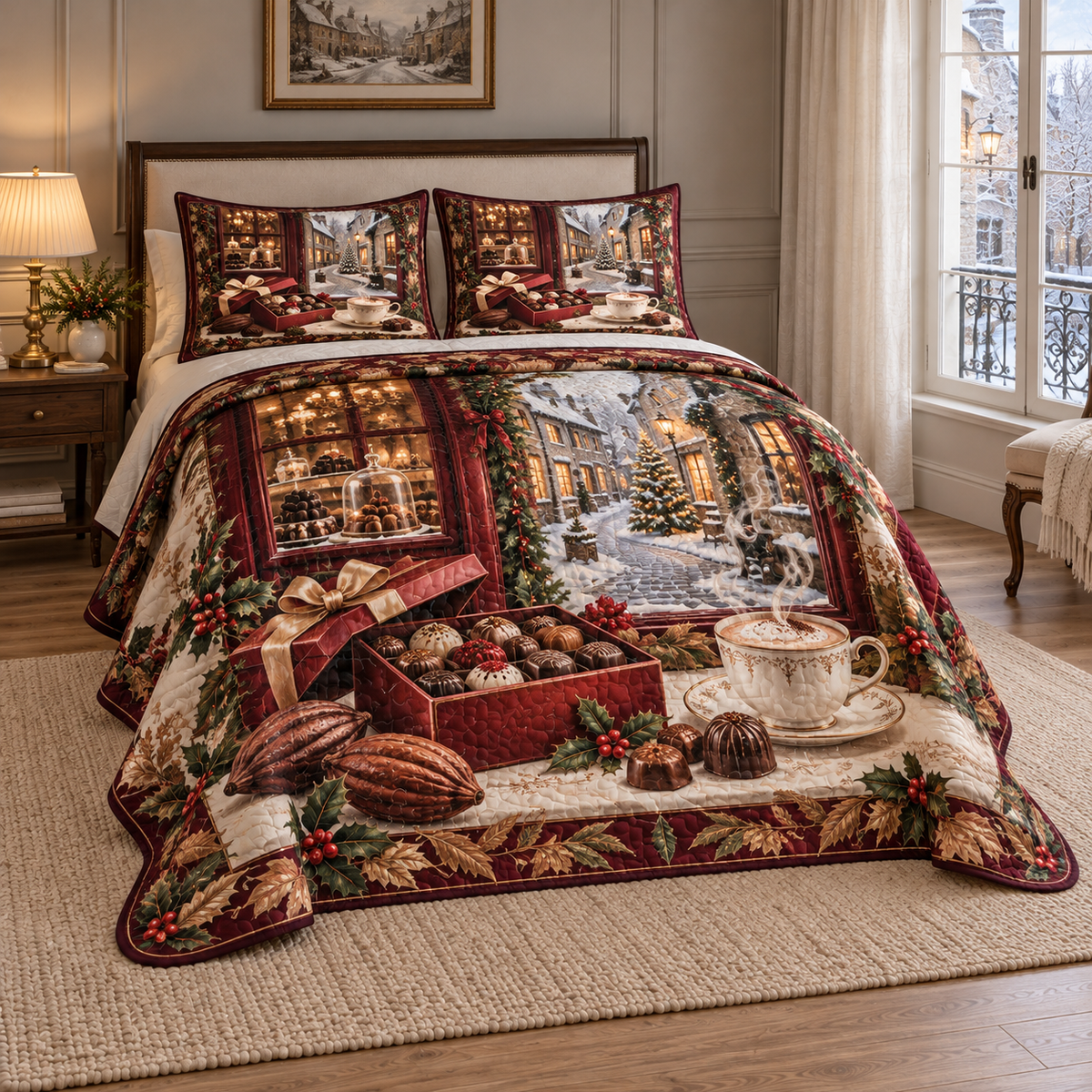 Christmas Chocolatiers Winter Patisserie thin printed quilt with two matching pillow shams; complete-product design mockup with flat printed visual depth.