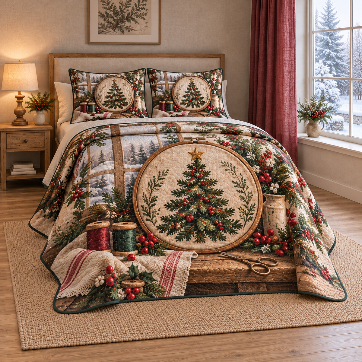 Christmas Embroiderers Winter Hoop thin printed quilt with two matching pillow shams; complete-product design mockup with flat printed visual depth.