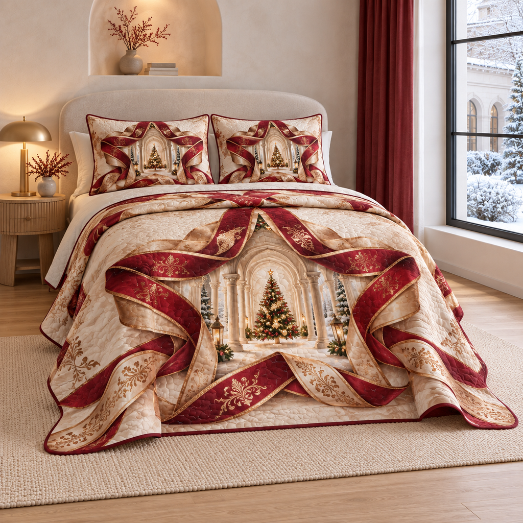 Christmas Ribbon Star Atrium thin printed quilt with two matching pillow shams; complete-product design mockup with flat printed visual depth.