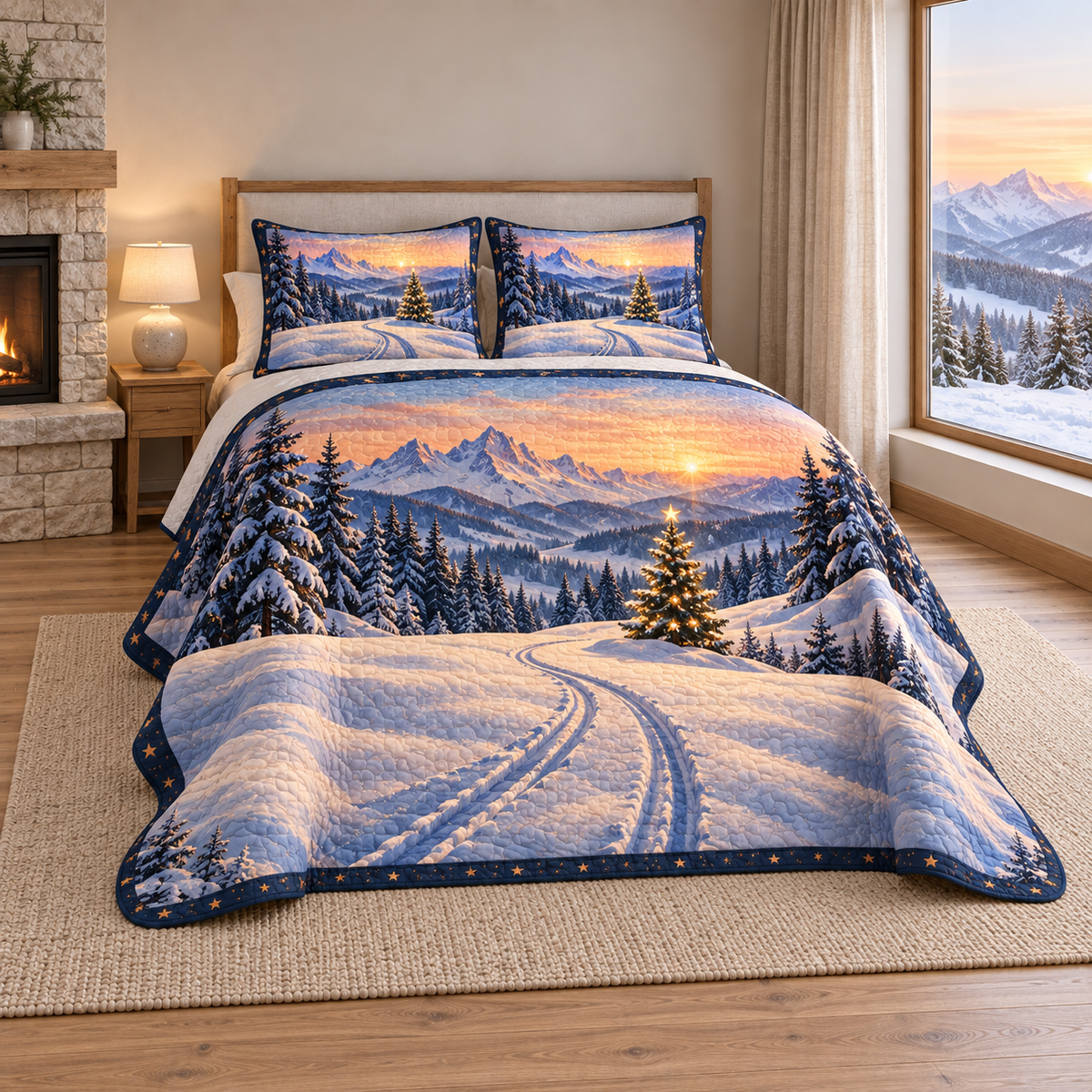 Christmas Alpine Sunrise Tracks thin printed quilt with two matching pillow shams; complete-product design mockup with flat printed visual depth.