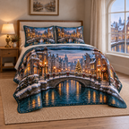 Christmas Winter Canal Reflections thin printed quilt with two matching pillow shams; complete-product design mockup with flat printed visual depth.