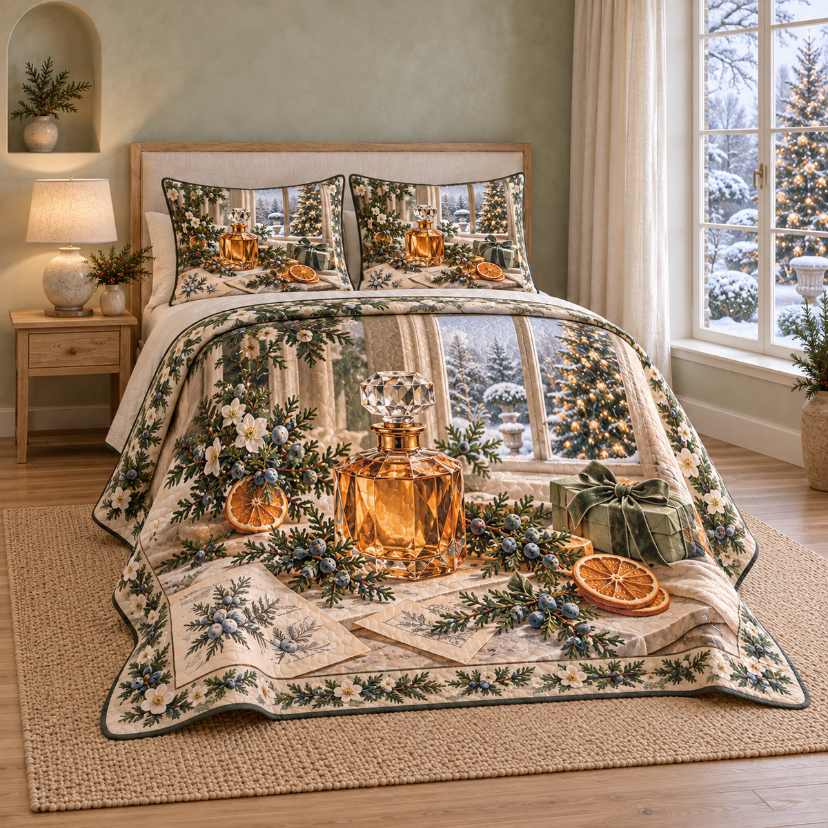 Christmas Perfumers Winter Atelier thin printed quilt with two matching pillow shams; complete-product design mockup with flat printed visual depth.