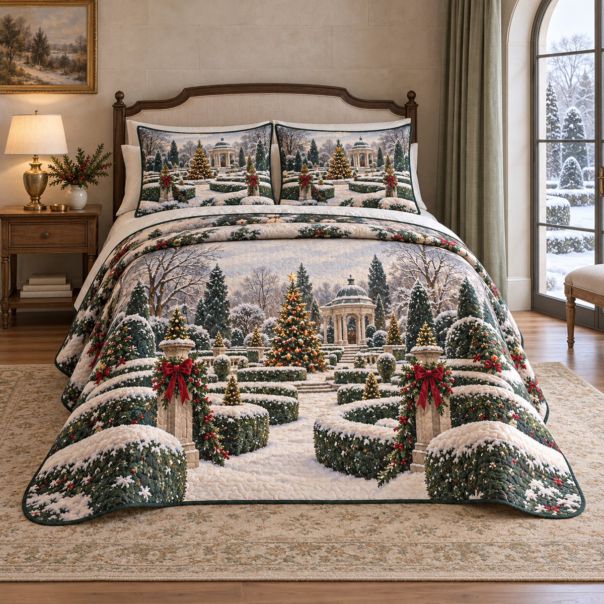 Christmas Frosted Labyrinth Garden thin printed quilt with two matching pillow shams; complete-product design mockup with flat printed visual depth.